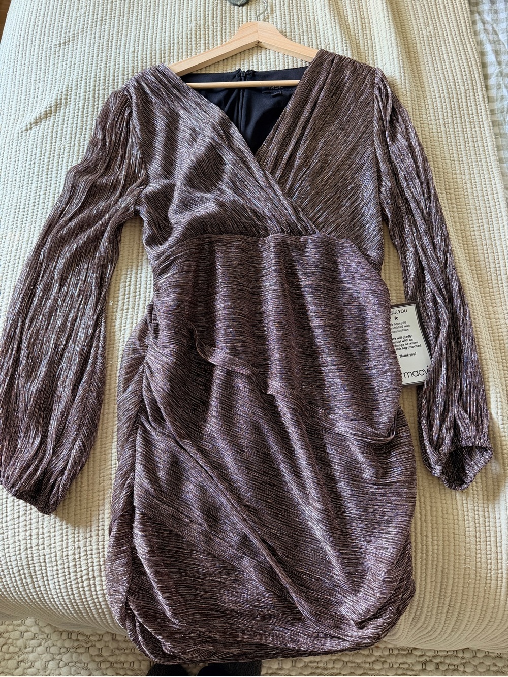 MSK Metallic Silver & Plum Wrap-Effect Long Sleeve Dress 16 NWT